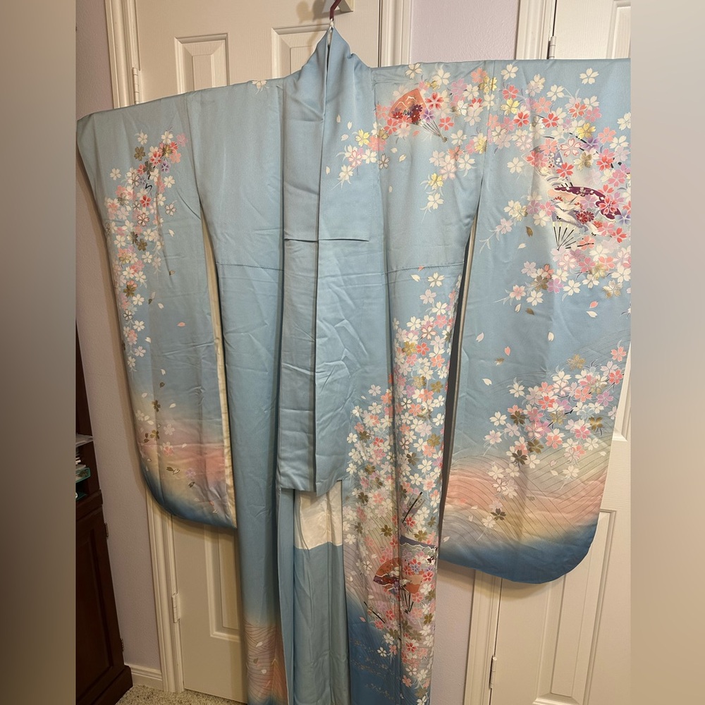 SOLD Preowned light blue sakura pattern furisode kimono